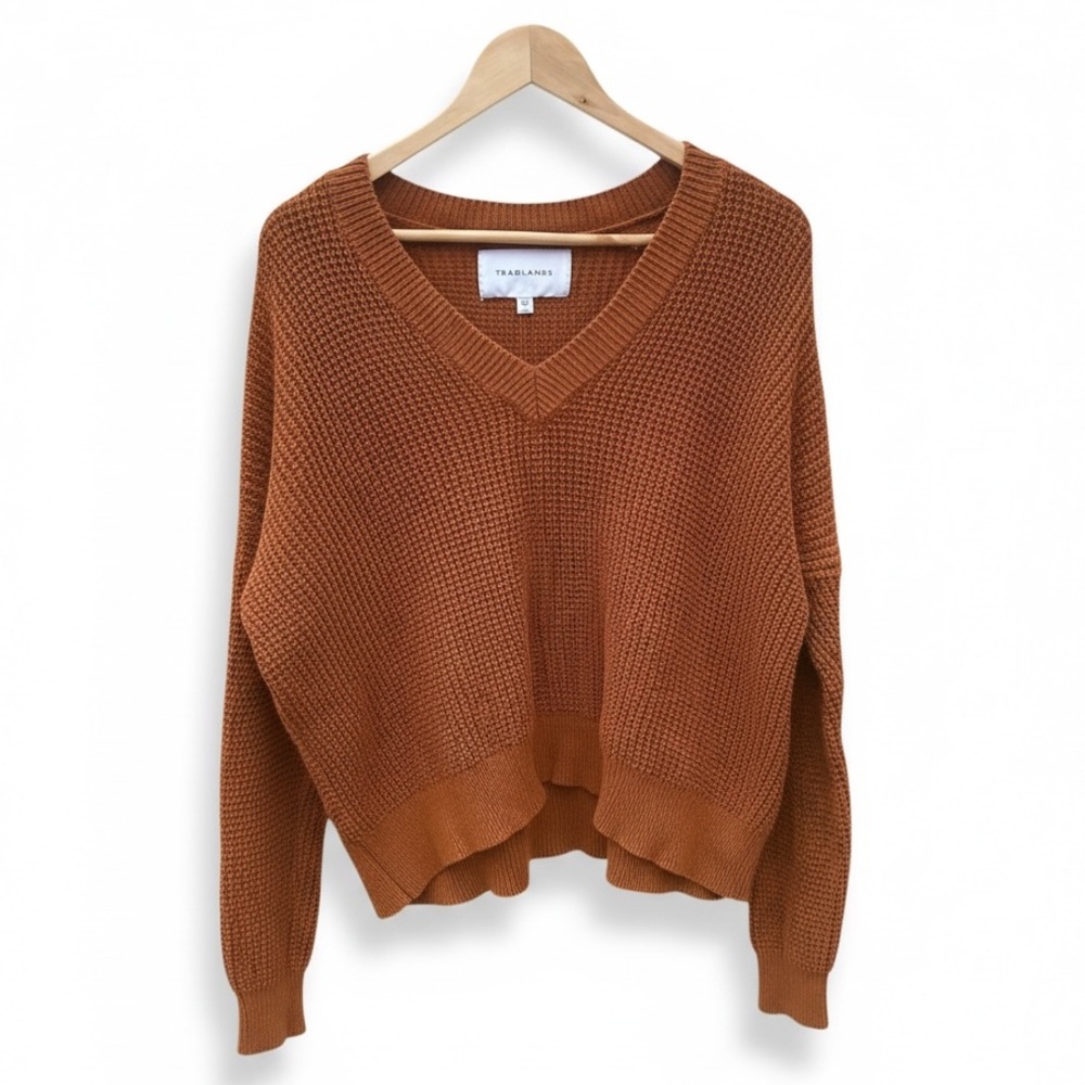 Tradlands Canyon Cotton Waffle Knit Sweater XS Rust Slouchy V-Neck Pullover - Picture 2 of 8